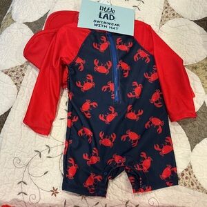 Little Lad Crab Print Swimwear with Hat UPF 50+ NWT